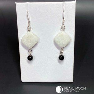 White Amazonite and Black Glass Pearl Earrings